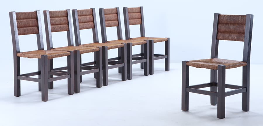 SET OF SIX CHARLES DUDOUYT ATTRICUTED RUSH SEAT CHAIRS C. 1945 (1 of 6)