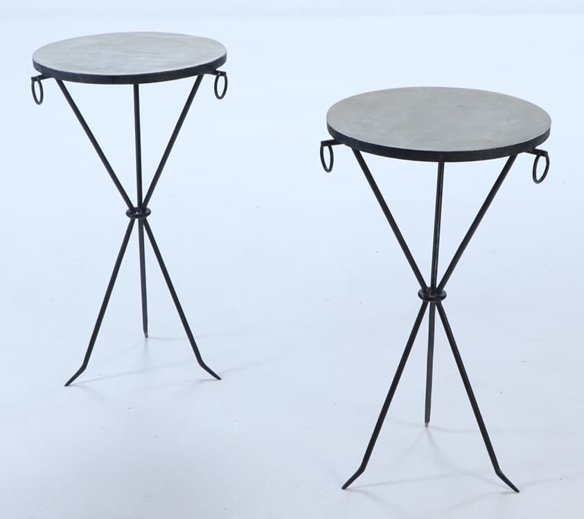 A PAIR OF JEAN MICHEL FRANK STYLE BLACK IRON TABLES HAVING PARCHMENT TOPS AND RING DECORATION. (1 of 7)