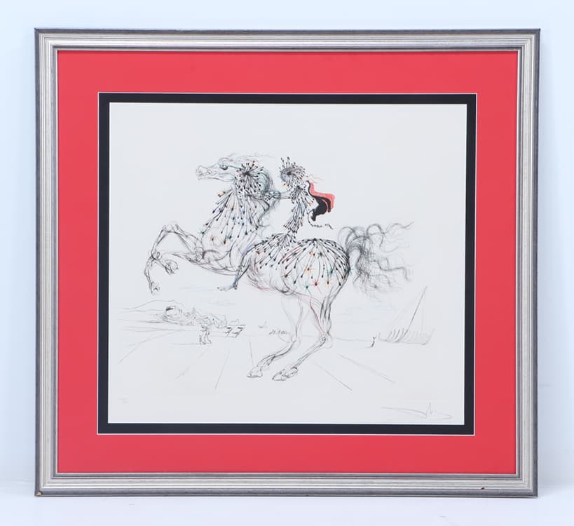 SALAVADOR DALI (SPANISH, 1904 - 1989) LA CHEVAUCHEE, DRYPOINT AQUATINT ON PAPER, SIGNED IN: Salavador Dali (Spanish, 1904 - 1989) La Chevauchee, Drypoint Aquatint on paper, signed in pencil lower right, edition 202/300. Frame Height: 32.25" Width: 35" Image Height: 22" Width: 24.5"