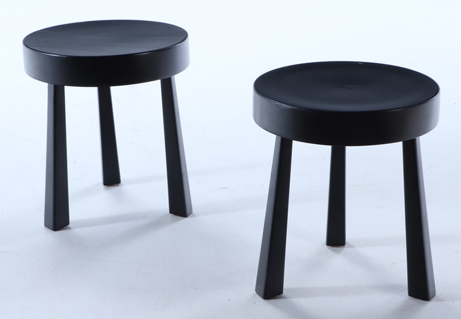 A PAIR OF JEAN ROYERE STYLE EBONIZED STOOLS WITH TAPERED LEGS. (1 of 7)