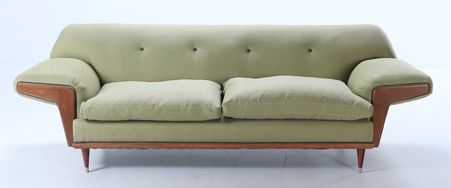 ITALIAN WALNUT UPHOLSTERED SOFA WITH EXAGERATED ARMS AND NEW FABRIC  C 1950. (1 of 5)