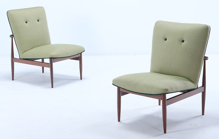PAIR WALNUT SIDECHAIRS IN THE MANNER OF FINN JUHL WITH WOODEN BACK RESTS AND NEW FABRIC C 1950. (1 of 9)