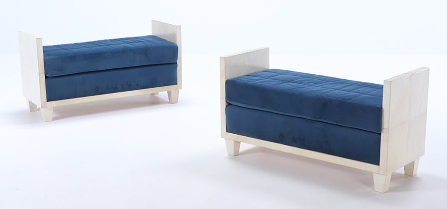 LARGE PAIR OF PARCHMENT COVERED BENCHES IN THE MANNER OF JEAN-MICHEL FRANK WITH LOOSE CUSHION (1 of 6)