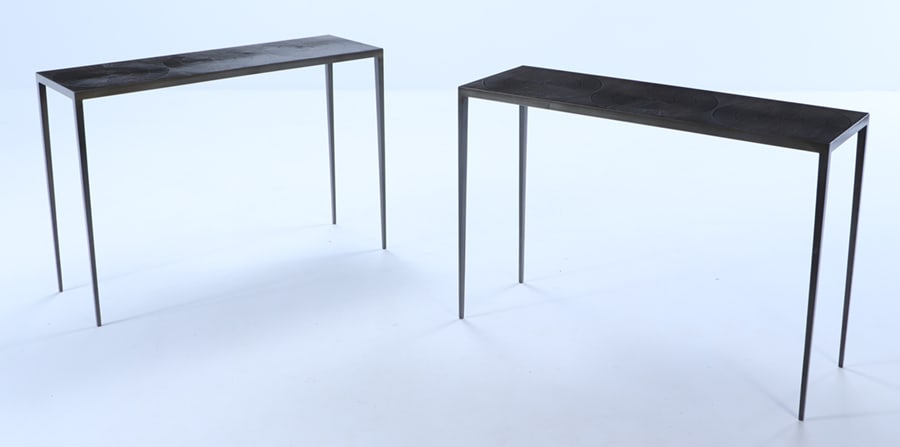 PAIR IRON CONSOLE TABLES WITH BRONZE WASH HAVING CIRCULAR DESIGN. (1 of 7)