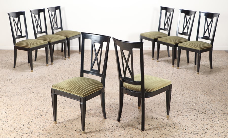 EIGHT FRENCH EBONIZED DINING CHAIRS C 1950 (1 of 6)