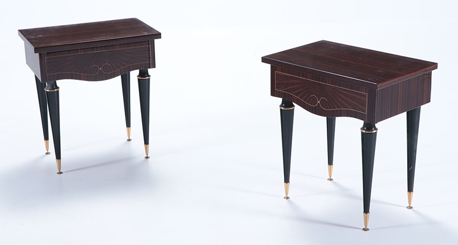 PAIR FRENCH INLAID ROSEWOOD NIGHT STANDS HAVING BRONZE MOUNTED EBONIZED LEGS C 1950. (1 of 7)