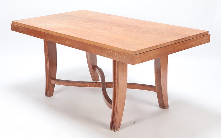 FRENCH CERUSED OAK DINING TABLE IN THE MANNER OF: French cerused oak dining table in the manner of Andre Arbus C 1945. Dimensions Closed: 30.5" X 66" X 36.75" Width Open: 96.5" Leaf: 15.75"