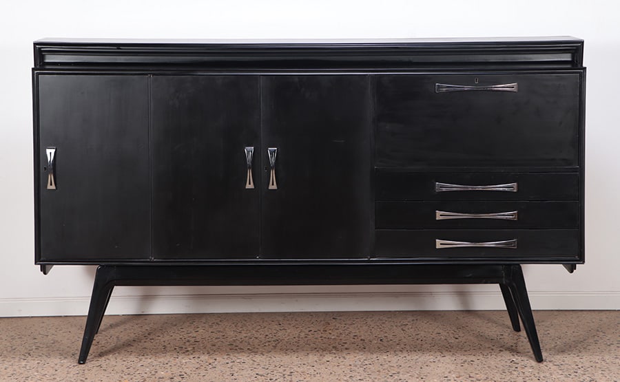 A BLACK BAR CABINET HAVING A DROP DOWN MIRRORED (1 of 8)
