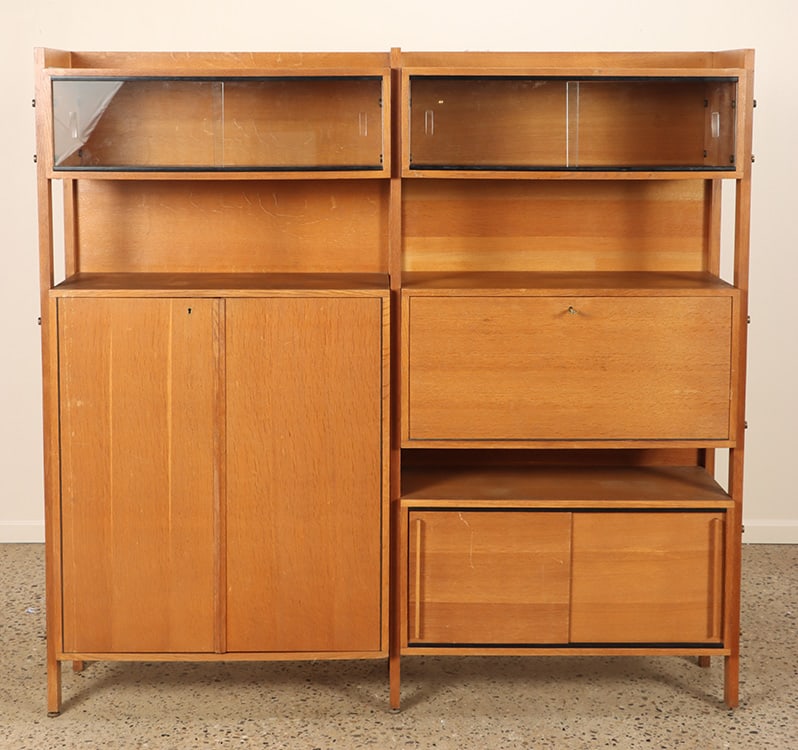 FRENCH OAK OFFICE CABINET WITH FALL FRONT DESK AND SLIDING GLASS DOORS C 1950. (1 of 10)