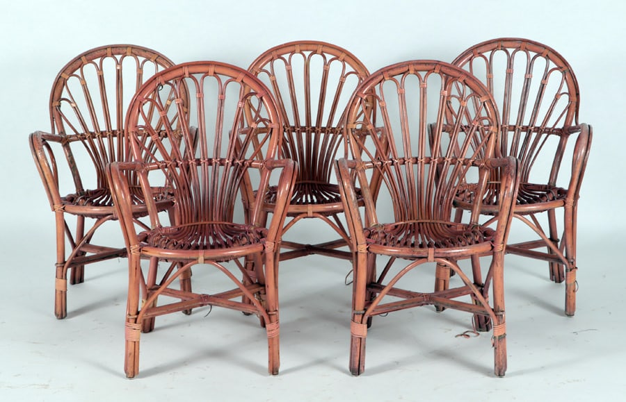 SET 5 FRENCH PINK TINTED RATTAN ARM CHAIRS 1950: A set of five French pink tinted rattan arm chairs circa 1950. Arm rest H: 24.5" Seat D: 16" Seat W: 17" Ht: 34" Wd: 23" Dpth: 18" Seat: 16"