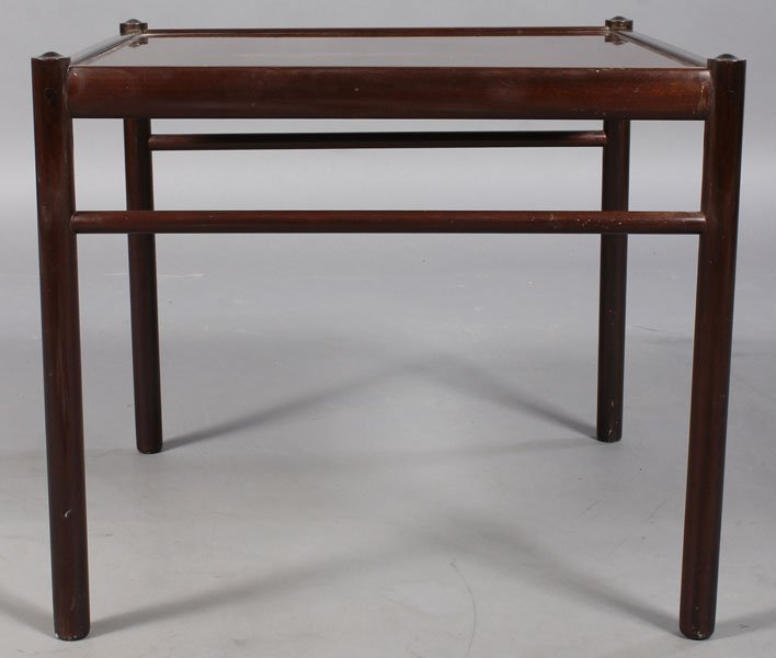 OLEWANSCHER SIDE TABLE TRAY TOP: An Olewanscher teak side table having a tray top supported on turned legs circa 1960. Ht: 20.5" Width: 23.5" Depth: 23.5"