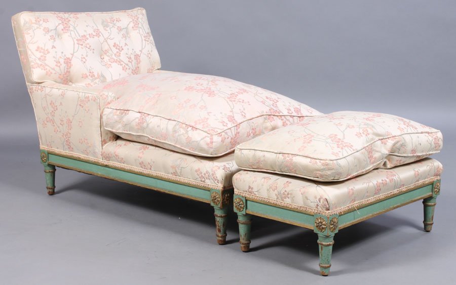 LOUIS XVI UPHOLSTERED CHAISE LOUNGE BENCH: An unusual two-part chaise in the Louis XVI style circa 1920. Having gilt and green painted frame with small bench. Ht: 28.5" Width: 46" Depth: 23"