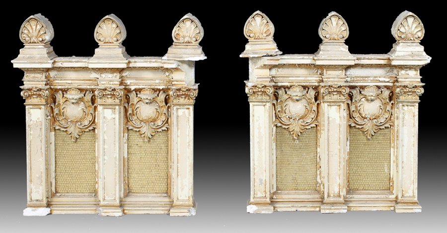 ORNATE PAIR PLASTER YELLOW MIRRORED GLASS ELEMENT: An ornate pair of plaster and yellow mirrored glass mosaic architectural elements circa 1900. Ht: 39" Width: 34" Depth: 7"