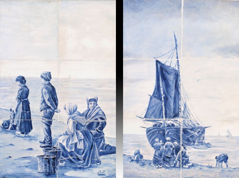 2 ANTIQUE DELFT STYLE WALL PLAQUES PLASTER: Two early twentieth century antique Delft style hand-painted multi-tile wall plaques set in plaster. One signed "P.D.R." lower right. Ht: 18" Width: 12" Depth: 1.25"