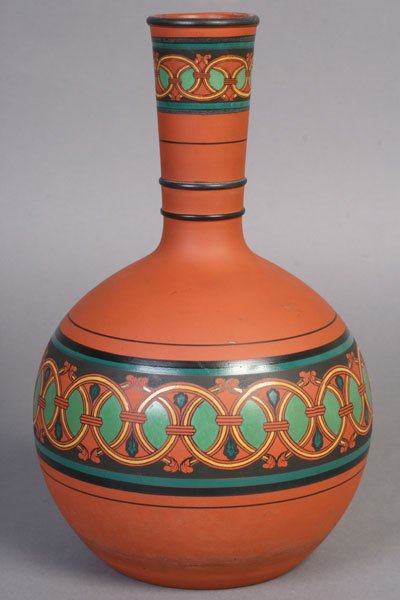 ANTIQUE DAVENPORT ENGLISH STAFFORDSHIRE VASE: Transfer decorated Davenport English earthenware terracotta vase marked "Longport Staffordshire." Late nineteenth century. Ht: 9.5" Width: 7.5"