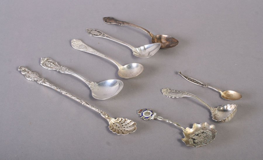 STERLING SILVER LOT 19TH CENT. .800: A lot of sterling silver with a few odd pieces of plate and .800 silver, circa 1900. Sterling silver alone is a weighable 19.14 troy ounces and is comprised of many ornate late nineteenth century and 