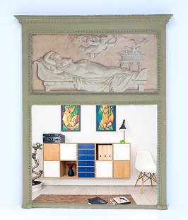 FRENCH PAINTED TRUMEAU MIRROR C 1880 WITH PAINTING ON BOARD.: French painted Trumeau mirror C 1880 with painting on board. Ht: 67.25" Wd: 55.25" Dpth: 5"