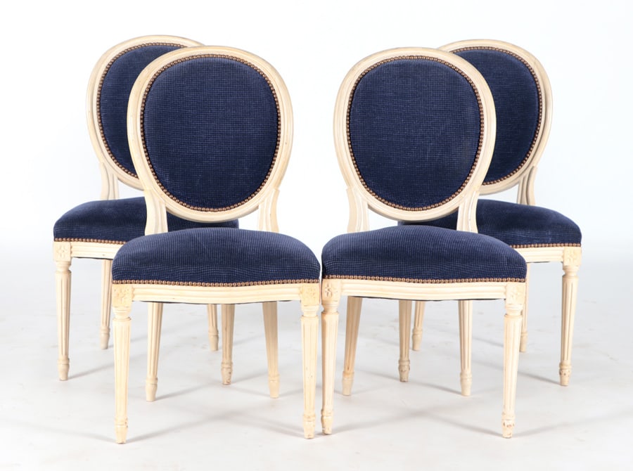 4 PAINTED LOUIS XVI FRENCH DINING CHAIRS C 1940 (1 of 5)