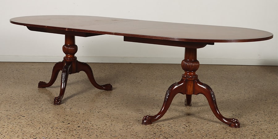 DOUBLE PEDESTAL BURL WALNUT AND MAHOGANY DINING (1 of 5)