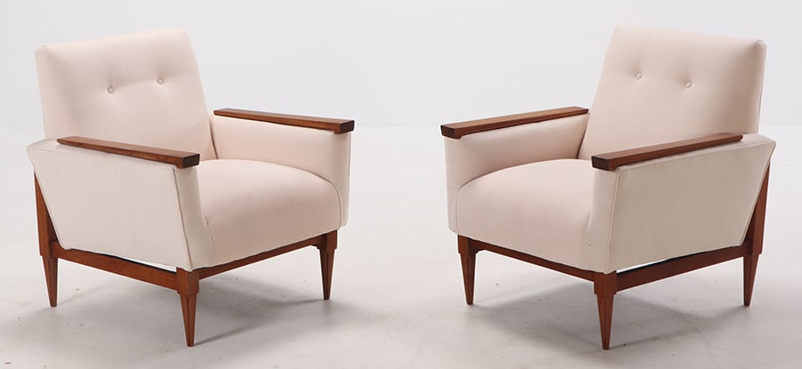 PAIR ITALIAN UPHOLSTERED LOUNG CHAIRS C 1955 WITH NEW FABRIC. (1 of 9)