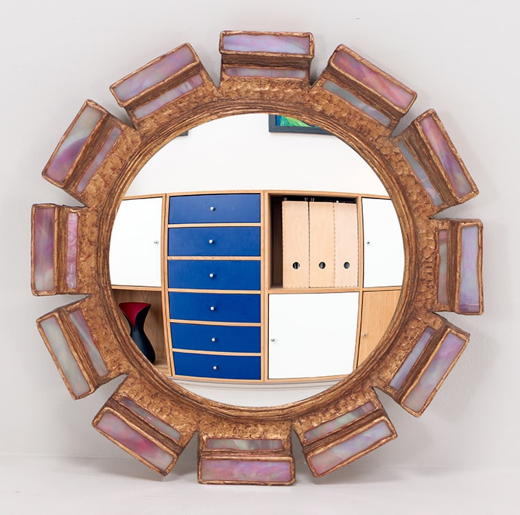 GILT RESIN AND GLASS MIRROR OF GEOMETRIC FORM IN THE MANNER OF LINE VAUTRIN. (1 of 4)