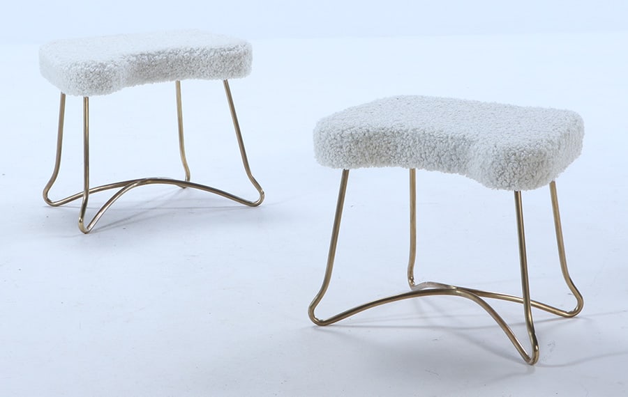 PAIR ITALIAN BRASS BENCHES WITH SHAPED FRAMES COVERED IN  BOUCLE C 1950. (1 of 8)