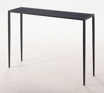 NARROW IRON AND HAND STITCHED LEATHER CONSOLE TABLE IN THE MANNER OF JEAN-MICHEL FRANK: Narrow iron and hand stitched leather console table in the manner of Jean-Michel Frank. Ht: 30.5" Wd: 39.25" Dpth: 10.5"