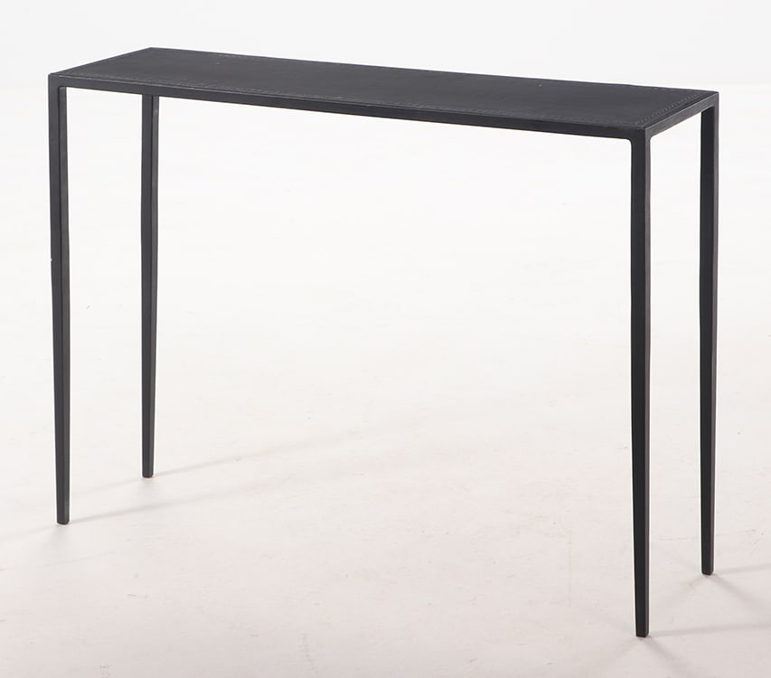 NARROW IRON AND HAND STICHED LEATHER CONSOLE TABLE IN THE MANNER OF JEAN-MICHEL FRANK. (1 of 5)