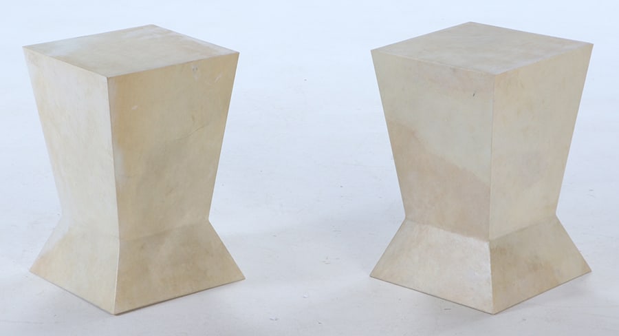PAIR PARCHMENT COVERED GEOMETRIC DRINKS TABLES IN THE MANNER OF JEAN-MICHEL FRANK. (1 of 7)