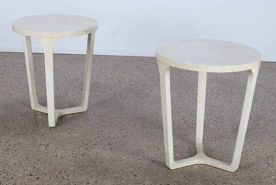 PAIR OF THREE LEG PARCHMENT COVERED ROUND END TABLES. (1 of 4)