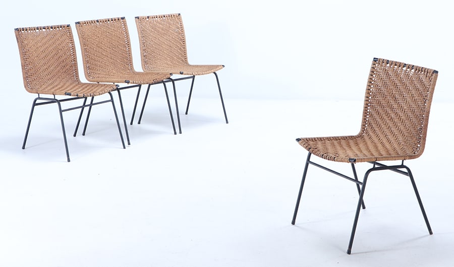 FOUR IRON AND CORD SIDE CHAIRS C 1950. (1 of 7)