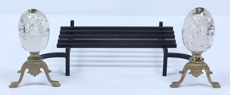 PAIR MODERNIST ART GLASS, BRASS AND IRON ANDIRONS WITH OPTIONAL LOG HOLDER C 1970. (1 of 5)