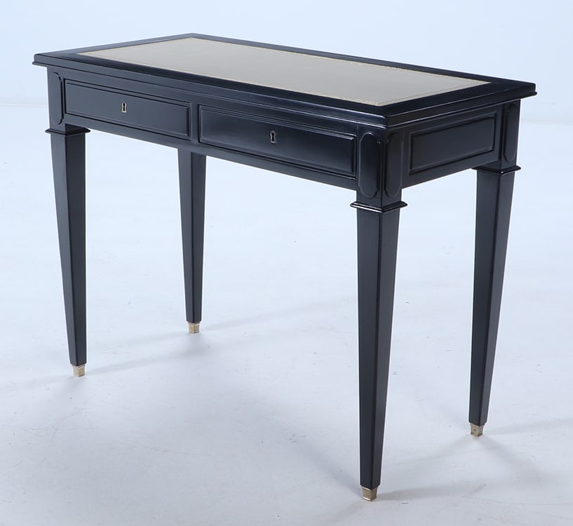 EBONIZED LEATHER TOP WRITING TABLE OR CONSOLE TABLE WITH TWO DRAWERS IN THE MANNER OF ANDRE: Ebonized leather top writing table or console table with two drawers in the manner of Andre Arbus C 1940. Ht: 31" Wd: 39.5" Dpth: 19.5"