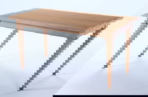 FRENCH OAK WRITING TABLE IN THE MANNER OF JACQUES ADNET.: French oak writing table in the manner of Jacques Adnet. Ht: 30" Wd: 59" Dpth: 29.5"