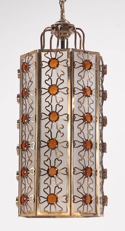 BRASS AND GLASS FLORAL LANTERN WITH FACETED ORANGE GLASS JEWELS C 1965.: Brass and glass floral lantern with faceted orange glass jewels C 1965. Ht: 27.5" Wd: 11.25"