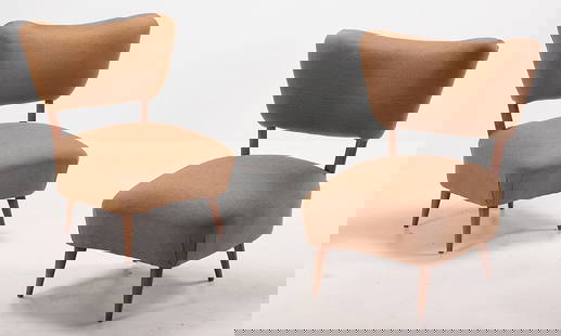 PAIR OVERSIZED SLIPPER CHAIRS C 1950 WITH NEW FABRIC.: Pair oversized slipper chairs C 1950 with new fabric. Ht: 37.5" Wd: 32" Dpth: 25" Seat: 15"