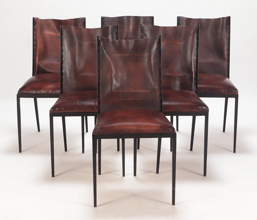 SIX IRON AND LEATHER DINING CHAIRS IN THE MANNER (1 of 6)