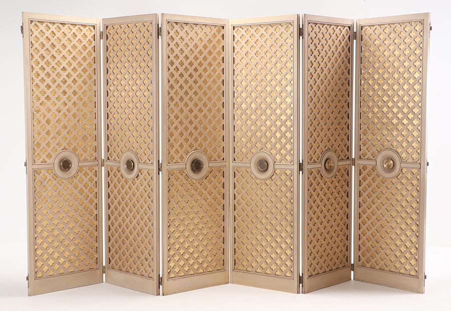 LARGE SIX PANEL PAINTED AND GILTWOOD ROOM DIVIDER WITH BRASS FITTINGS ATTRIBUTED TO JANSEN C 1950. (1 of 8)