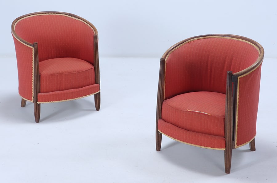 PAIR FRENCH ART DECO TUB CHAIRS WITH FLUTED STILES C 1935.: Pair French Art Deco tub chairs with fluted stiles C 1935. Ht: 28.25" Wd: 26" Dpth: 22" Seat: 15.5"