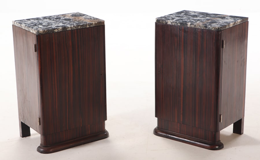 PAIR FRENCH ART DECO MACASSAR NIGHT STANDS WITH MARBLE TOPS C 1940. (1 of 8)