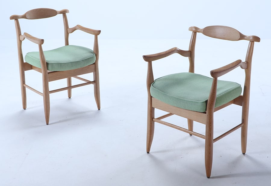 GUILLERME ET CHAMBRON PAIR OF OAK DINING CHAIRS " MODEL " BRIDGE FUMAY" C 1965. (1 of 6)