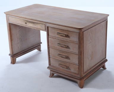 FRENCH CERUSED OAK WRITING DESK IN THE MANNER OF LEON JALLOT C 1940.: French cerused oak writing desk in the manner of Leon Jallot C 1940. Kneehole 24" x 25" Ht: 29" Wd: 49" Dpth: 25.25"