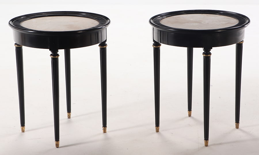 PAIR EBONIZED MARBLE TOP TABLES IN THE MANNER OF ANDRE ARBUS C 1950.: Pair ebonized marble top tables in the manner of Andre Arbus C 1950. Ht: 23.75" Wd: 20"