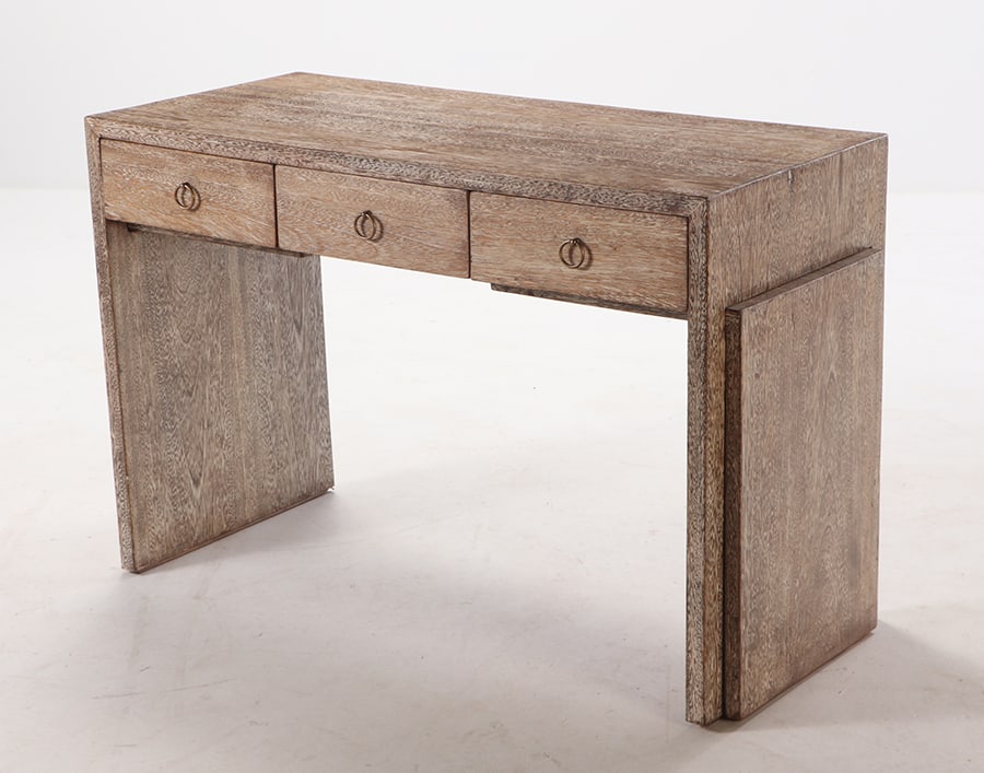 THREE DRAWER CERUSED OAK WRITING DESK WITH PULL OUT SLIDES FOR ADDITIONAL WORK SURFACE. (1 of 8)