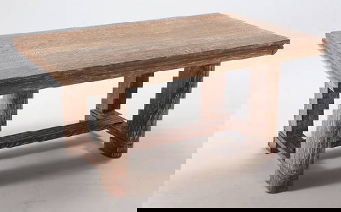 FRENCH CERUSED OAK DINING TABLE OR WRITING DESK ATTRIBUTED TO CHARLES DUDOUYT C 1940: French cerused oak dining table or writing desk attributed to Charles Dudouyt having pull out ends to support leaves C 1940. Open: 90.75" Leaves: 13.75 each Ht: 30" Wd: 63" Dpth: 39.5"