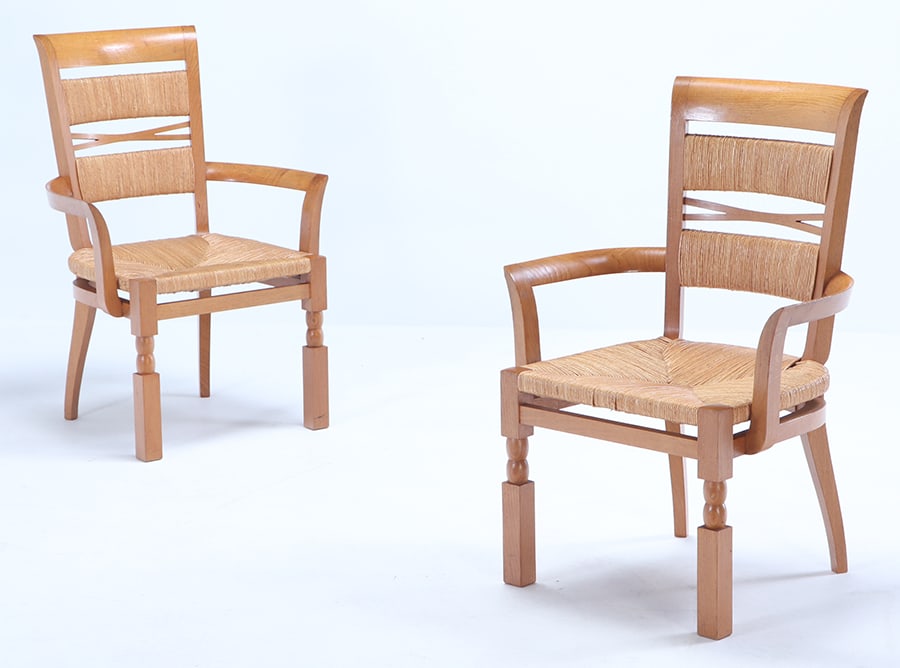 PAIR FRENCH OAK AND RUSH TALL BACK ARM CHAIRS CHAIRS ATTRIBUTED TO VICTOR COURTRAY C 1945.: Pair French oak and rush tall back arm chairs chairs attributed to Victor Courtray C 1945. Ht: 38.5" Wd: 27" Dpth: 24.25" Seat: 17"
