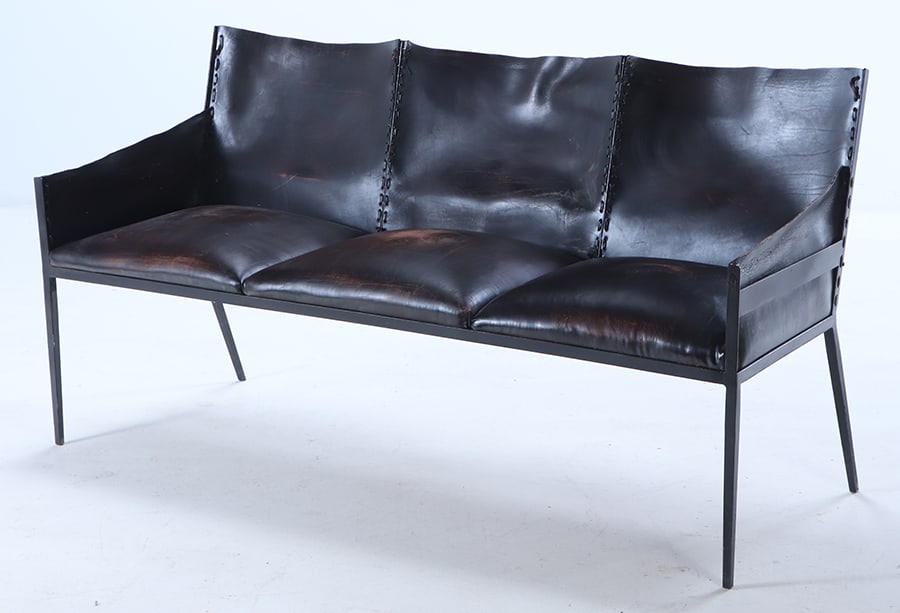 TRIPLE SEAT IRON AND LEATHER SOFA IN THE MANNER OF JEAN-MICHEL FRANK.: Triple seat iron and leather sofa in the manner of Jean-Michel Frank. Ht: 36" Wd: 67" Dpth: 26" Seat: 20"
