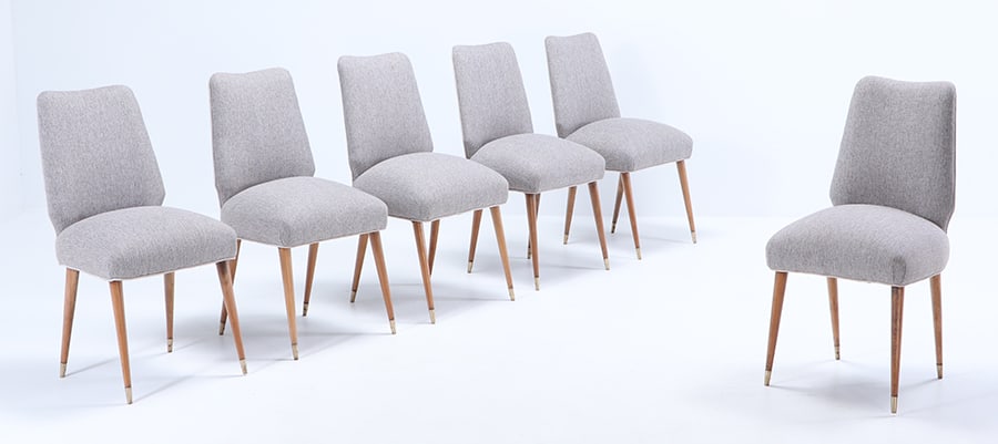 SIX UPHOLSTERED DINING CHAIRS C 1950 WITH NEW FABRIC. (1 of 6)