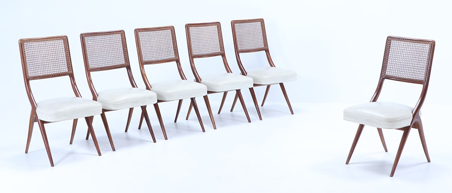 SIX ITALIAN DINING CHAIRS IN THE MANNER OF ICO PARISI HAVING ANGLED RAMES AND CANE BACKS C 1950 (1 of 6)