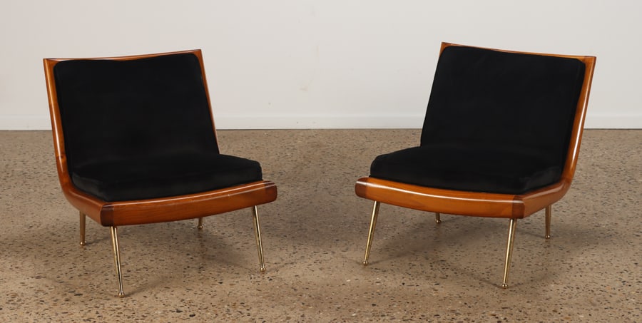 PAIR OF WOOD AND UPHOLSTERED SLIPPER CHAIRS ON BRASS LEGS IN THE MANNER OF T.H.: Pair of wood and upholstered slipper chairs on brass legs in the manner of T.H. Robbsjohn-Gibbings. Ht: 26.75" Wd: 24.25" Dpth: 25.5" Seat: 15"